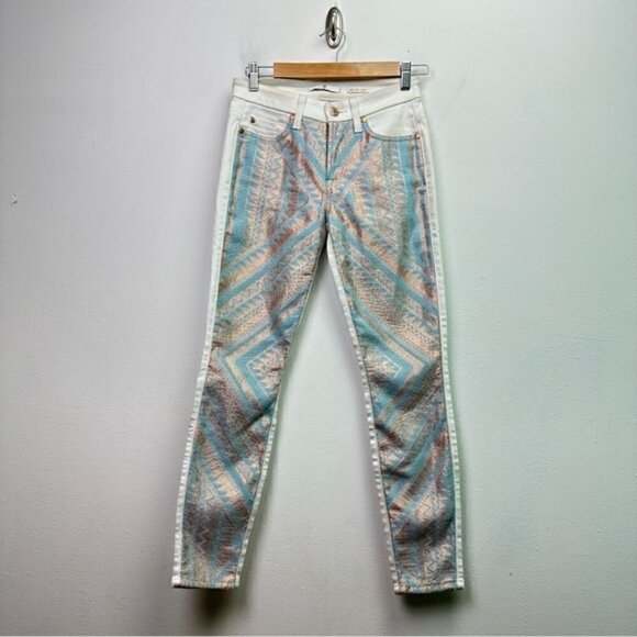 7 For all Mankind Malhia Kent Skinny Jeans Front Metallic Geometric Print Size 2 - Picture 3 of 9